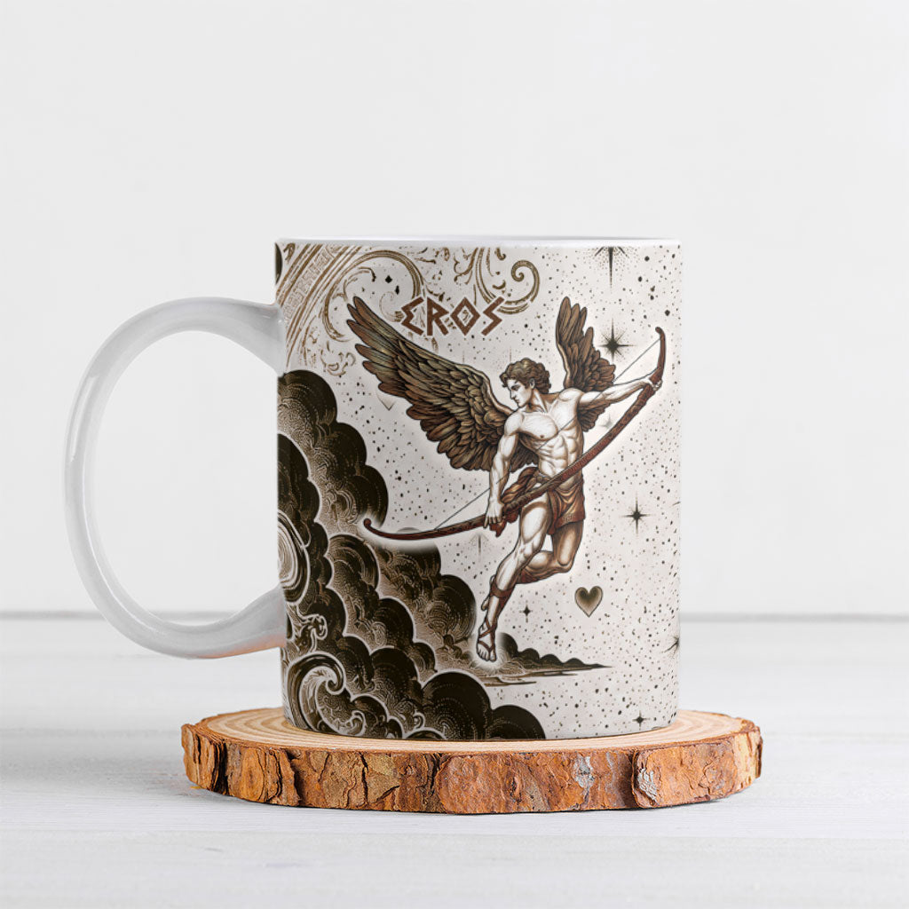 Eros Greek Mythology Cupid God Of Love Ceramic Mug Winged Archer Eros Bow Arrow And Celestial Clouds