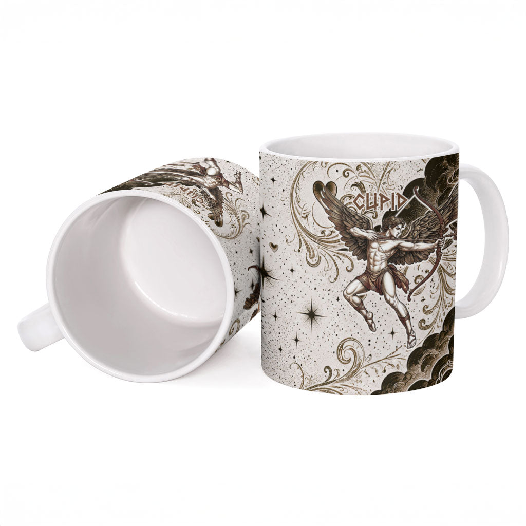 Eros Greek Mythology Cupid God Of Love Ceramic Mug Winged Archer Eros Bow Arrow And Celestial Clouds