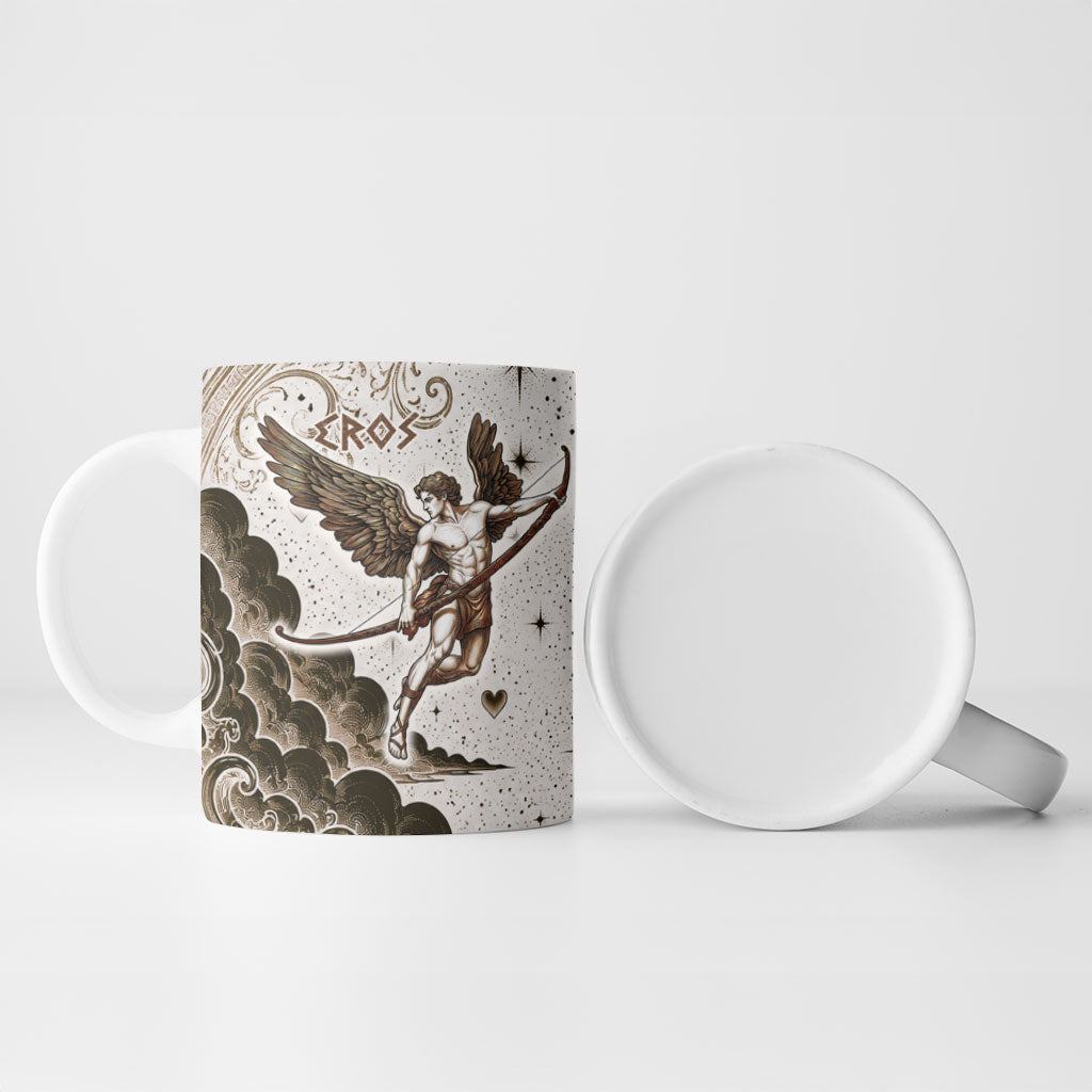 Eros Greek Mythology Cupid God Of Love Ceramic Mug Winged Archer Eros Bow Arrow And Celestial Clouds