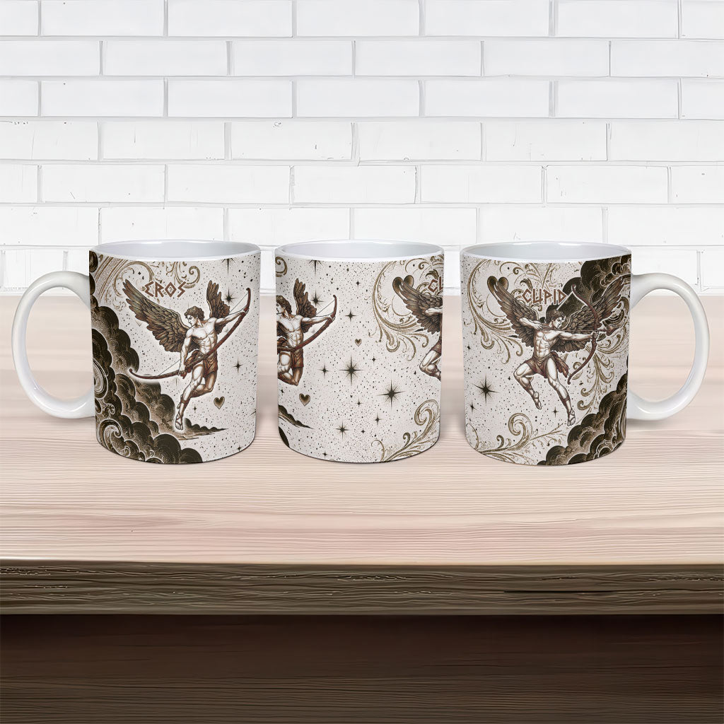 Eros Greek Mythology Cupid God Of Love Ceramic Mug Winged Archer Eros Bow Arrow And Celestial Clouds
