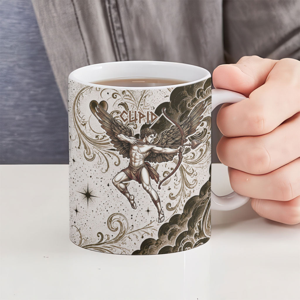 Eros Greek Mythology Cupid God Of Love Ceramic Mug Winged Archer Eros Bow Arrow And Celestial Clouds