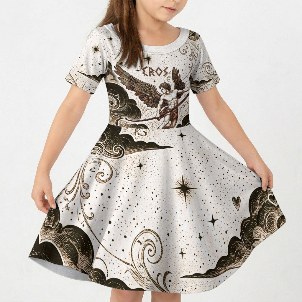 Eros Greek Mythology Cupid God Of Love Kid Short Sleeve Dress Winged Archer Eros Bow Arrow And Celestial Clouds