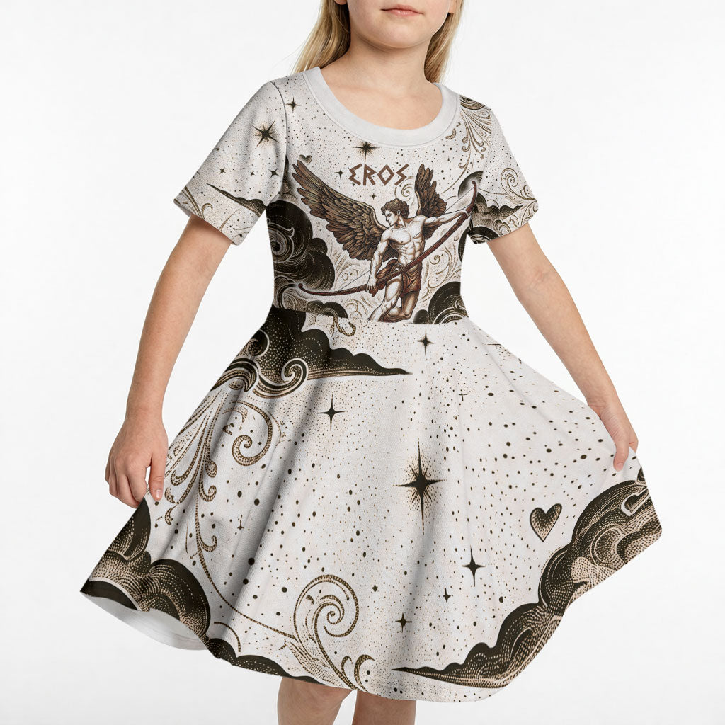 Eros Greek Mythology Cupid God Of Love Kid Short Sleeve Dress Winged Archer Eros Bow Arrow And Celestial Clouds