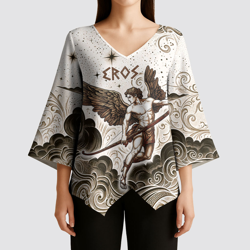 Eros Greek Mythology Cupid God Of Love Kimono Sleeve Blouse Winged Archer Eros Bow Arrow And Celestial Clouds