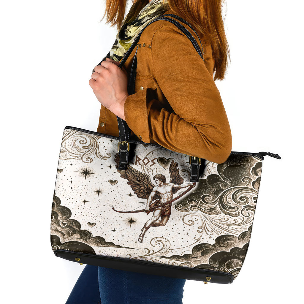 Eros Greek Mythology Cupid God Of Love Leather Tote Bag Winged Archer Eros Bow Arrow And Celestial Clouds