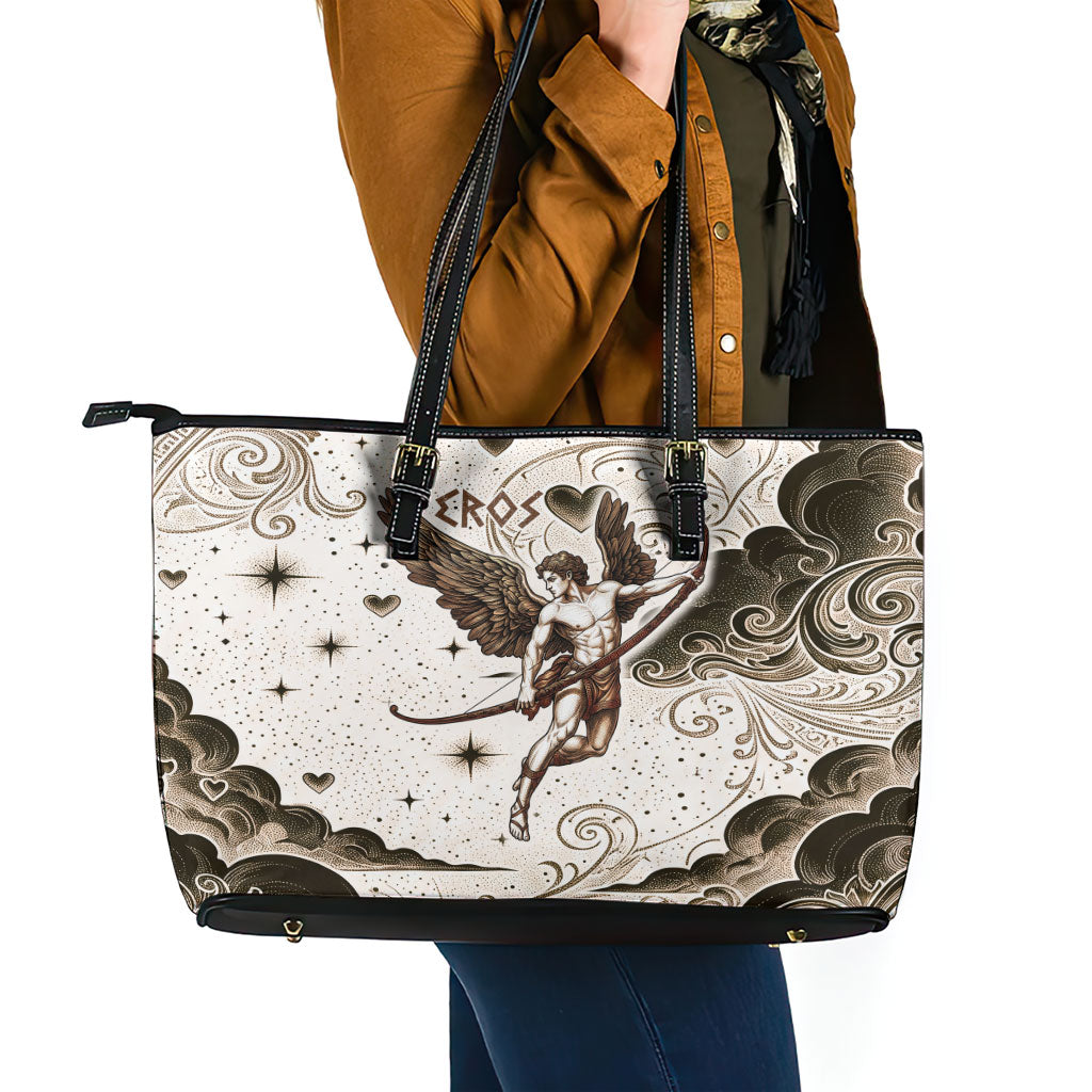 Eros Greek Mythology Cupid God Of Love Leather Tote Bag Winged Archer Eros Bow Arrow And Celestial Clouds