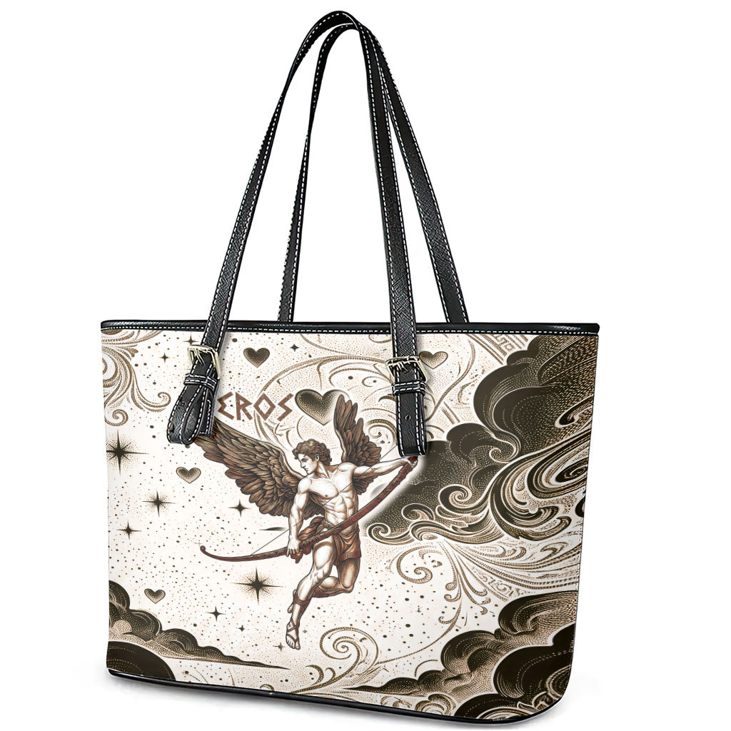 Eros Greek Mythology Cupid God Of Love Leather Tote Bag Winged Archer Eros Bow Arrow And Celestial Clouds