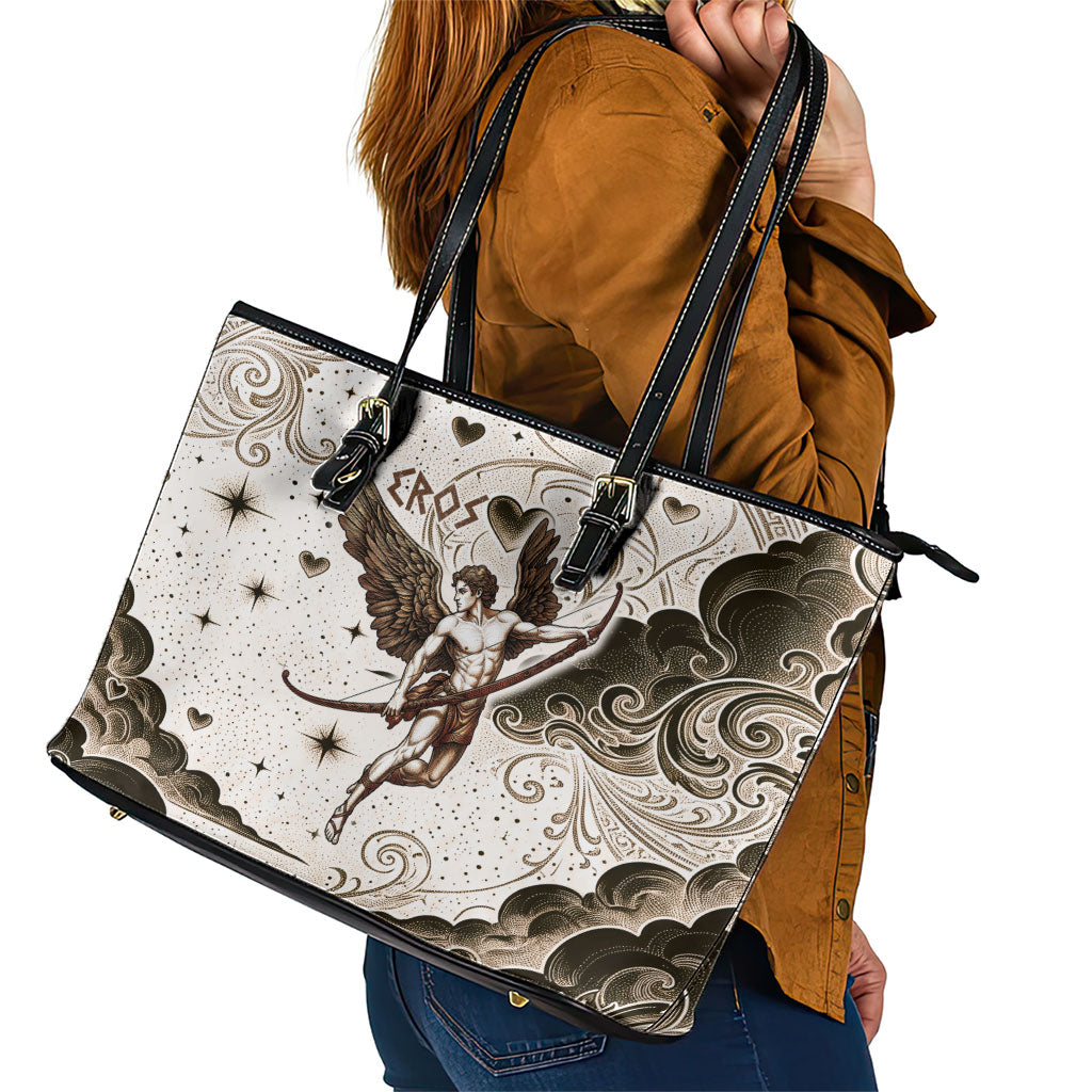 Eros Greek Mythology Cupid God Of Love Leather Tote Bag Winged Archer Eros Bow Arrow And Celestial Clouds