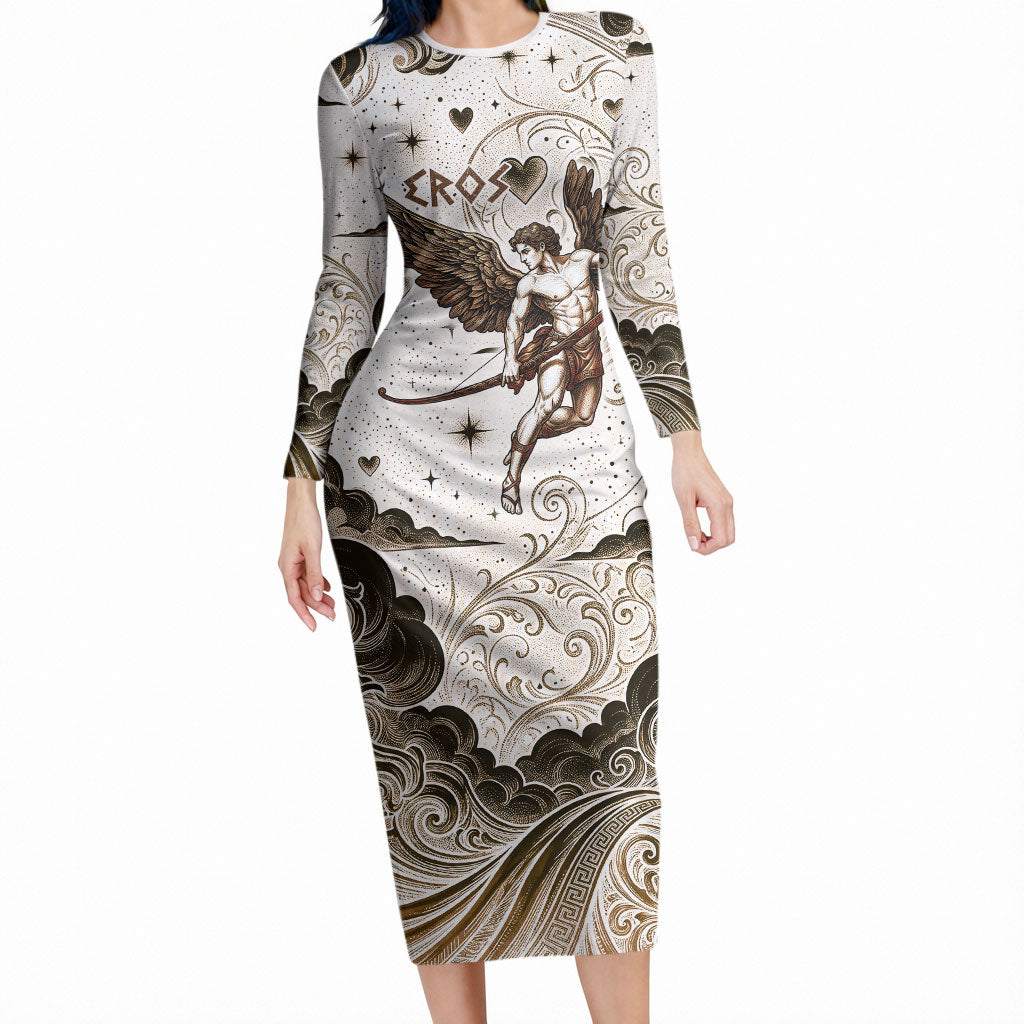 Eros Greek Mythology Cupid God Of Love Long Sleeve Bodycon Dress Winged Archer Eros Bow Arrow And Celestial Clouds
