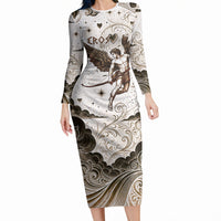 Eros Greek Mythology Cupid God Of Love Long Sleeve Bodycon Dress Winged Archer Eros Bow Arrow And Celestial Clouds