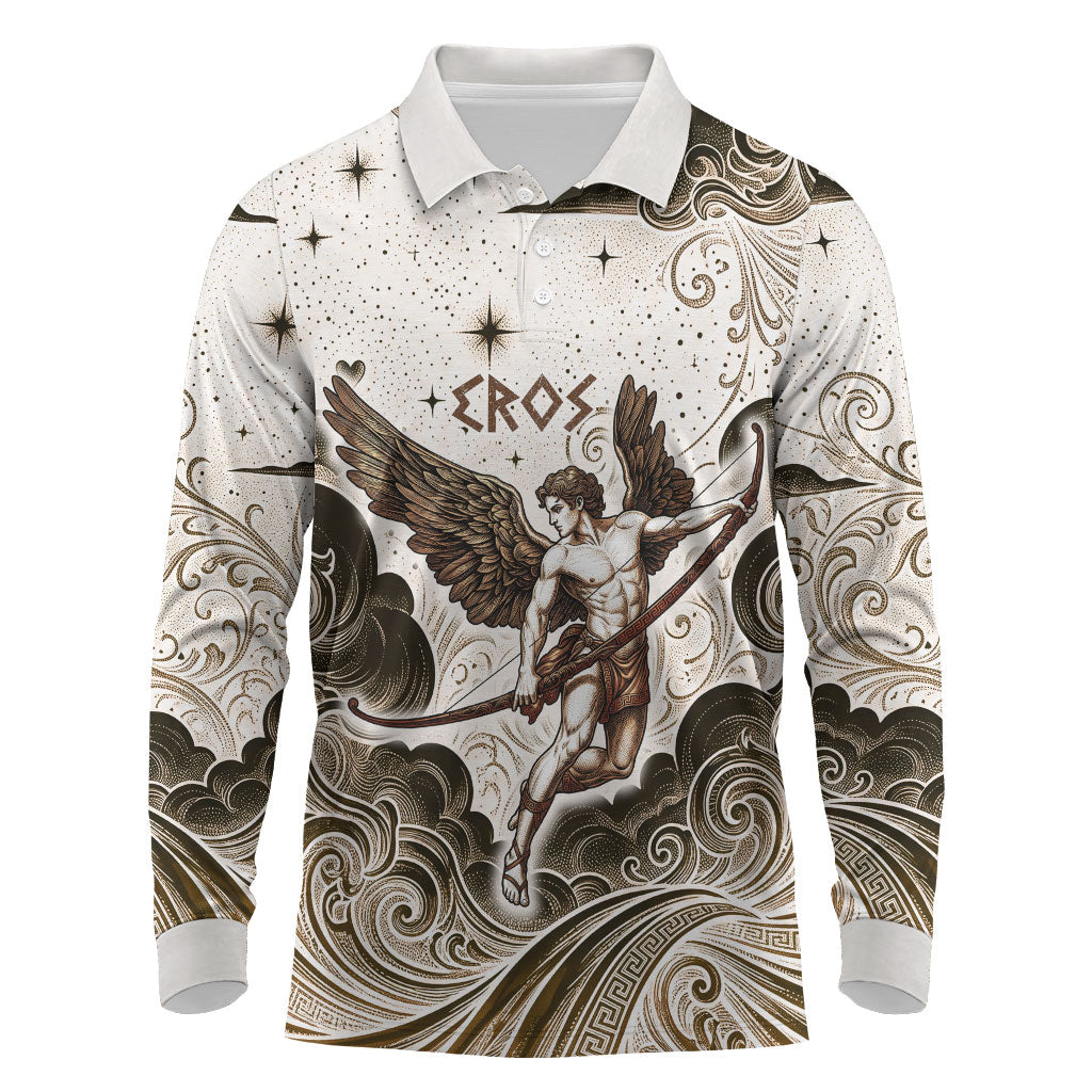 Eros Greek Mythology Cupid God Of Love Long Sleeve Polo Shirt Winged Archer Eros Bow Arrow And Celestial Clouds