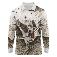 Eros Greek Mythology Cupid God Of Love Long Sleeve Polo Shirt Winged Archer Eros Bow Arrow And Celestial Clouds