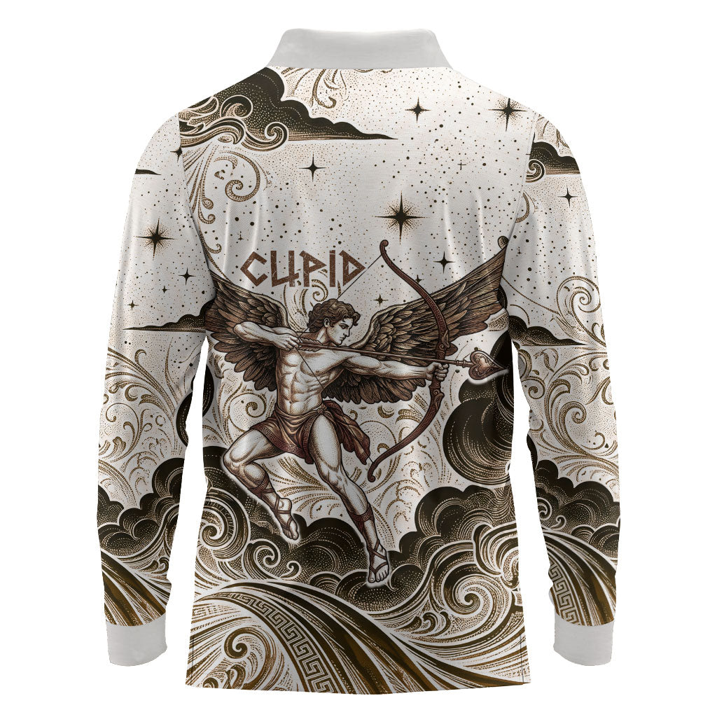 Eros Greek Mythology Cupid God Of Love Long Sleeve Polo Shirt Winged Archer Eros Bow Arrow And Celestial Clouds