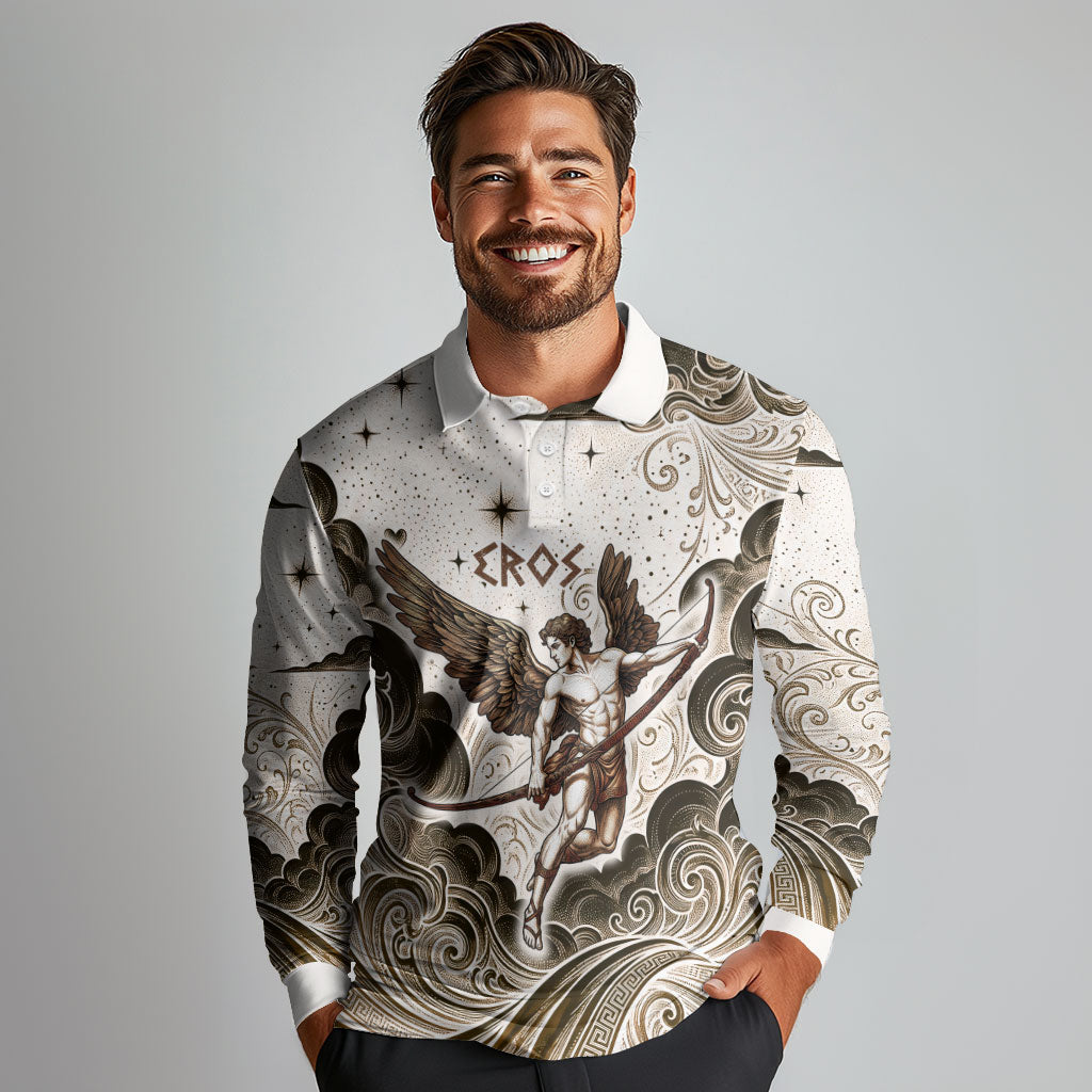 Eros Greek Mythology Cupid God Of Love Long Sleeve Polo Shirt Winged Archer Eros Bow Arrow And Celestial Clouds