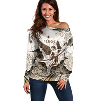 Eros Greek Mythology Cupid God Of Love Off Shoulder Sweater Winged Archer Eros Bow Arrow And Celestial Clouds