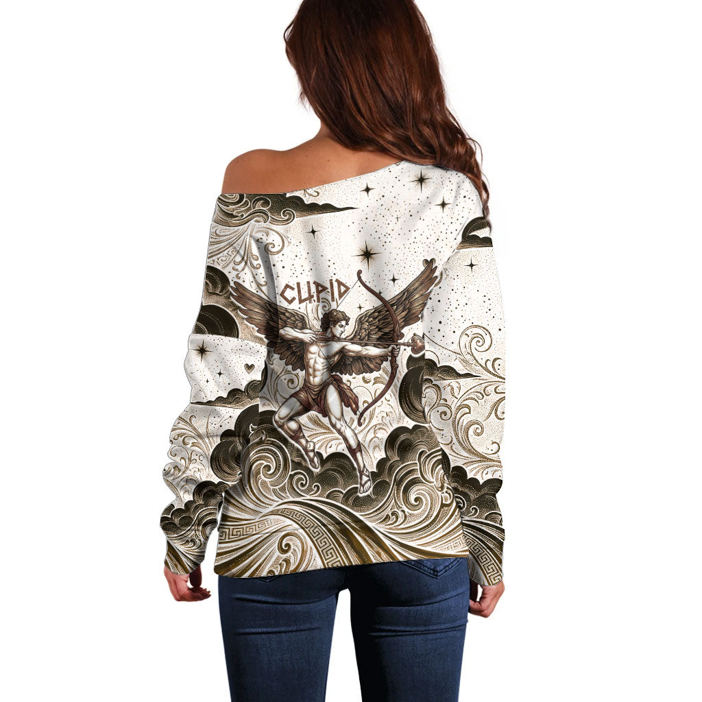 Eros Greek Mythology Cupid God Of Love Off Shoulder Sweater Winged Archer Eros Bow Arrow And Celestial Clouds