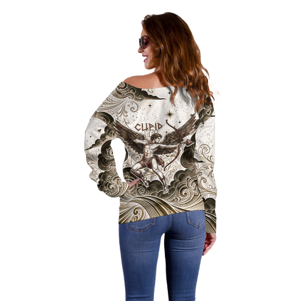Eros Greek Mythology Cupid God Of Love Off Shoulder Sweater Winged Archer Eros Bow Arrow And Celestial Clouds