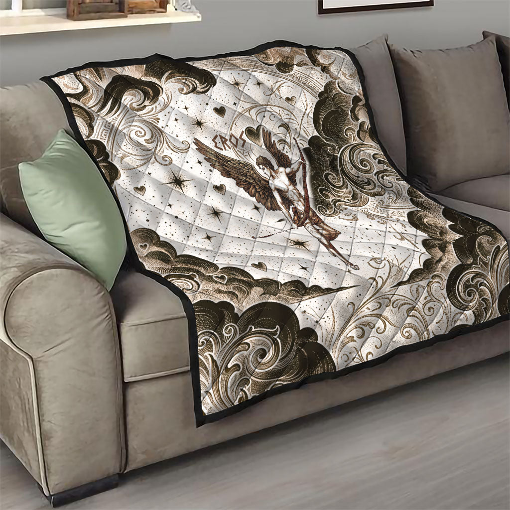 Eros Greek Mythology Cupid God Of Love Quilt Winged Archer Eros Bow Arrow And Celestial Clouds