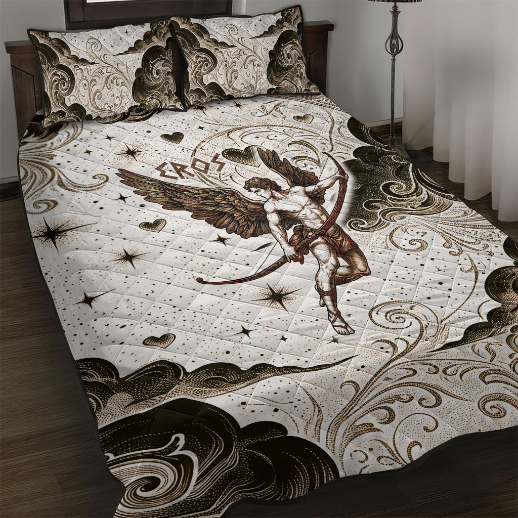 Eros Greek Mythology Cupid God Of Love Quilt Bed Set Winged Archer Eros Bow Arrow And Celestial Clouds