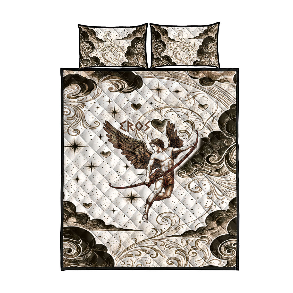 Eros Greek Mythology Cupid God Of Love Quilt Bed Set Winged Archer Eros Bow Arrow And Celestial Clouds