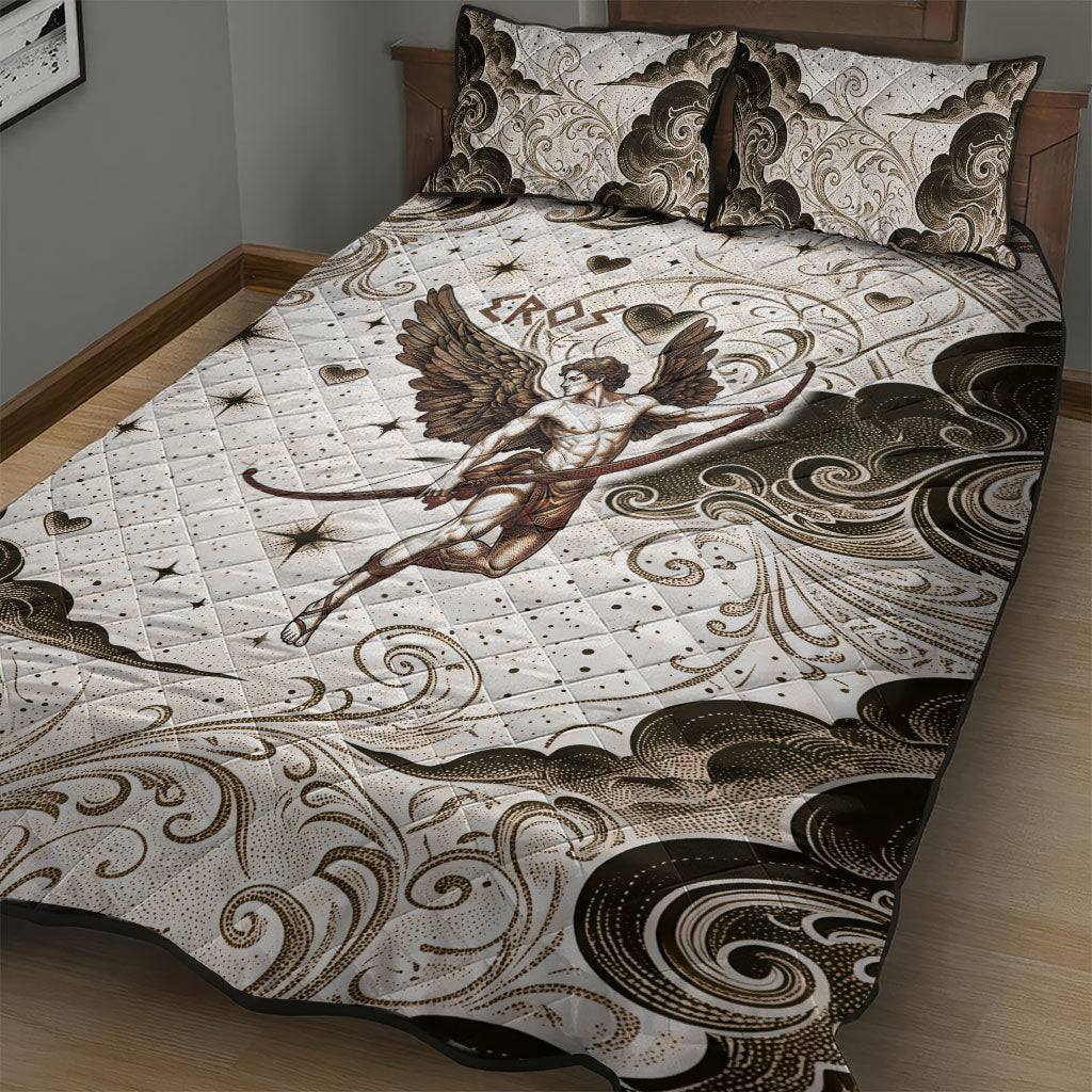 Eros Greek Mythology Cupid God Of Love Quilt Bed Set Winged Archer Eros Bow Arrow And Celestial Clouds