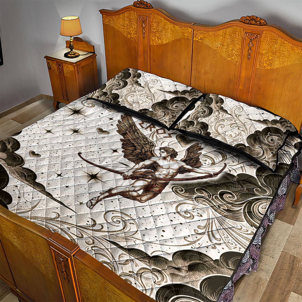 Eros Greek Mythology Cupid God Of Love Quilt Bed Set Winged Archer Eros Bow Arrow And Celestial Clouds