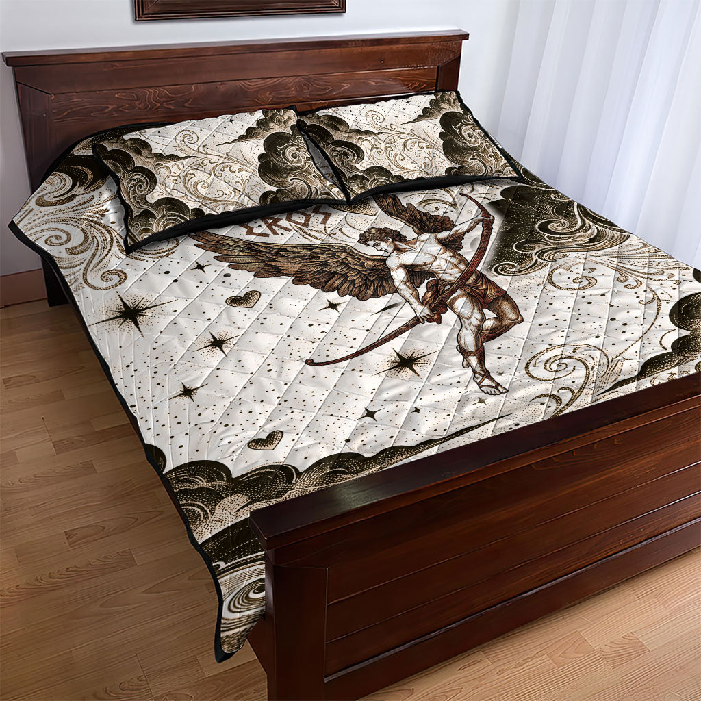 Eros Greek Mythology Cupid God Of Love Quilt Bed Set Winged Archer Eros Bow Arrow And Celestial Clouds