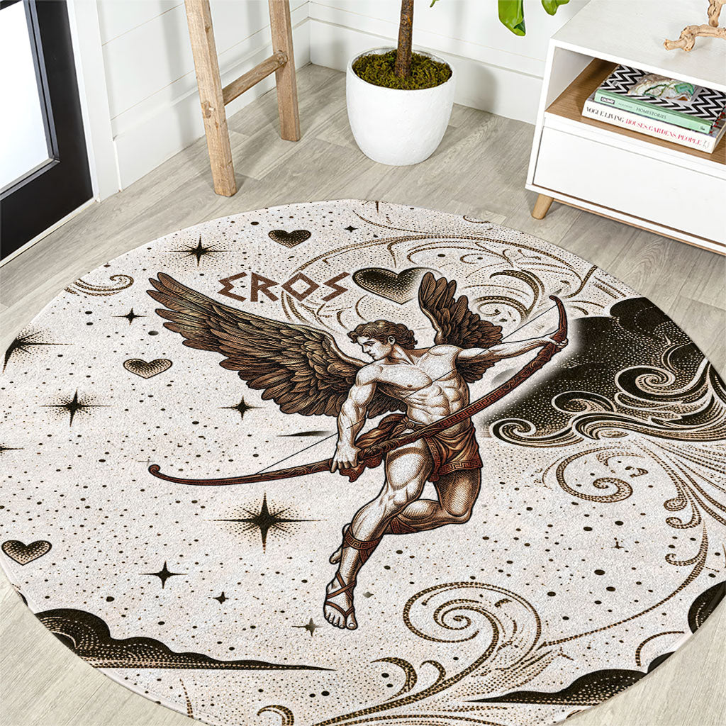 Eros Greek Mythology Cupid God Of Love Round Carpet Winged Archer Eros Bow Arrow And Celestial Clouds