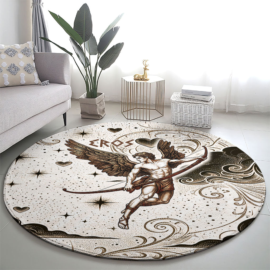 Eros Greek Mythology Cupid God Of Love Round Carpet Winged Archer Eros Bow Arrow And Celestial Clouds