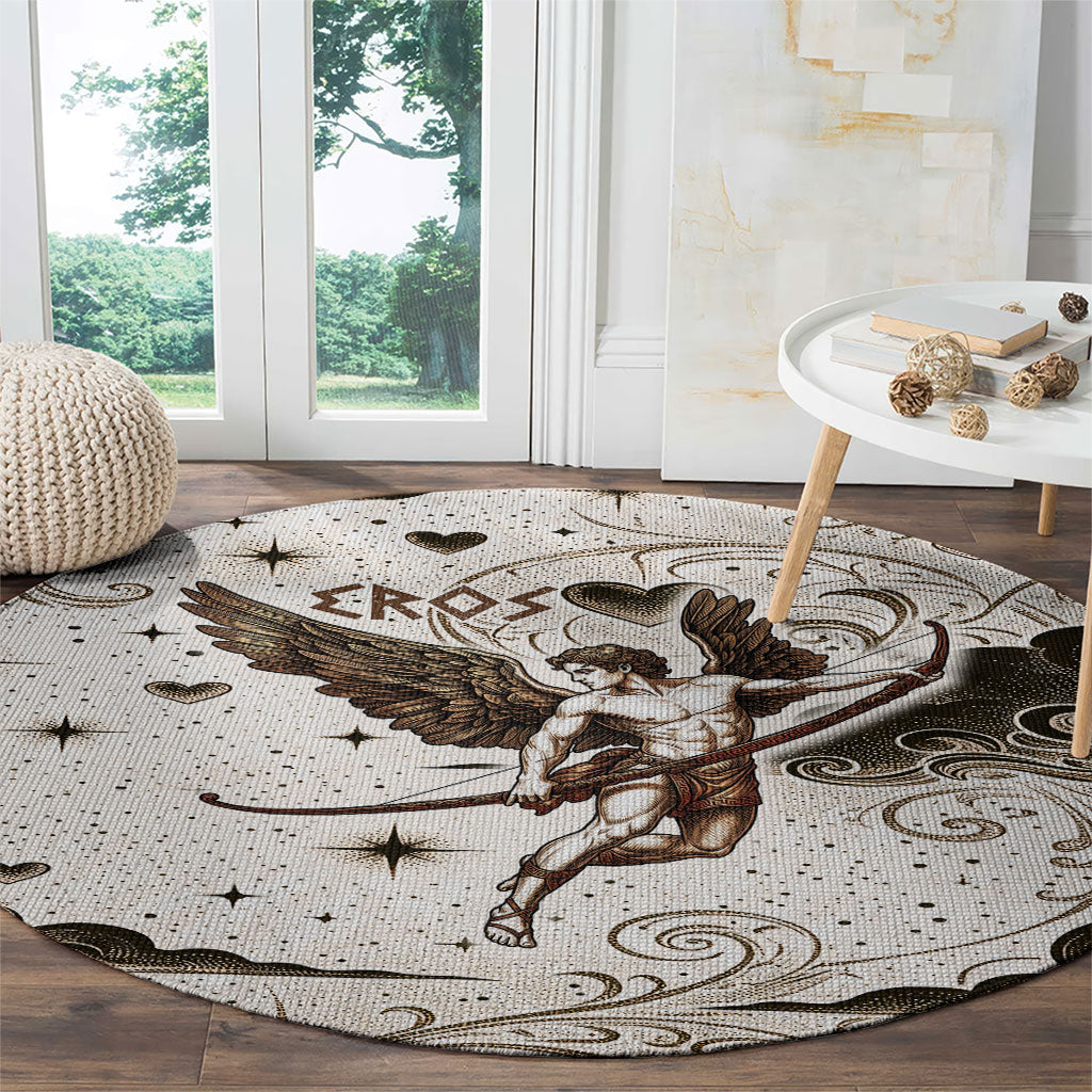 Eros Greek Mythology Cupid God Of Love Round Carpet Winged Archer Eros Bow Arrow And Celestial Clouds