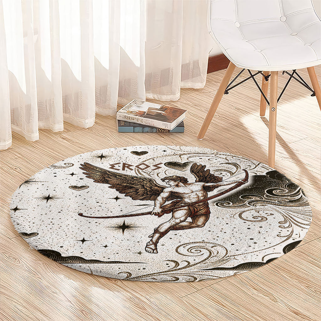 Eros Greek Mythology Cupid God Of Love Round Carpet Winged Archer Eros Bow Arrow And Celestial Clouds
