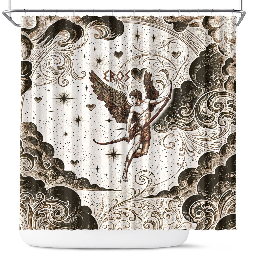 Eros Greek Mythology Cupid God Of Love Shower Curtain Winged Archer Eros Bow Arrow And Celestial Clouds