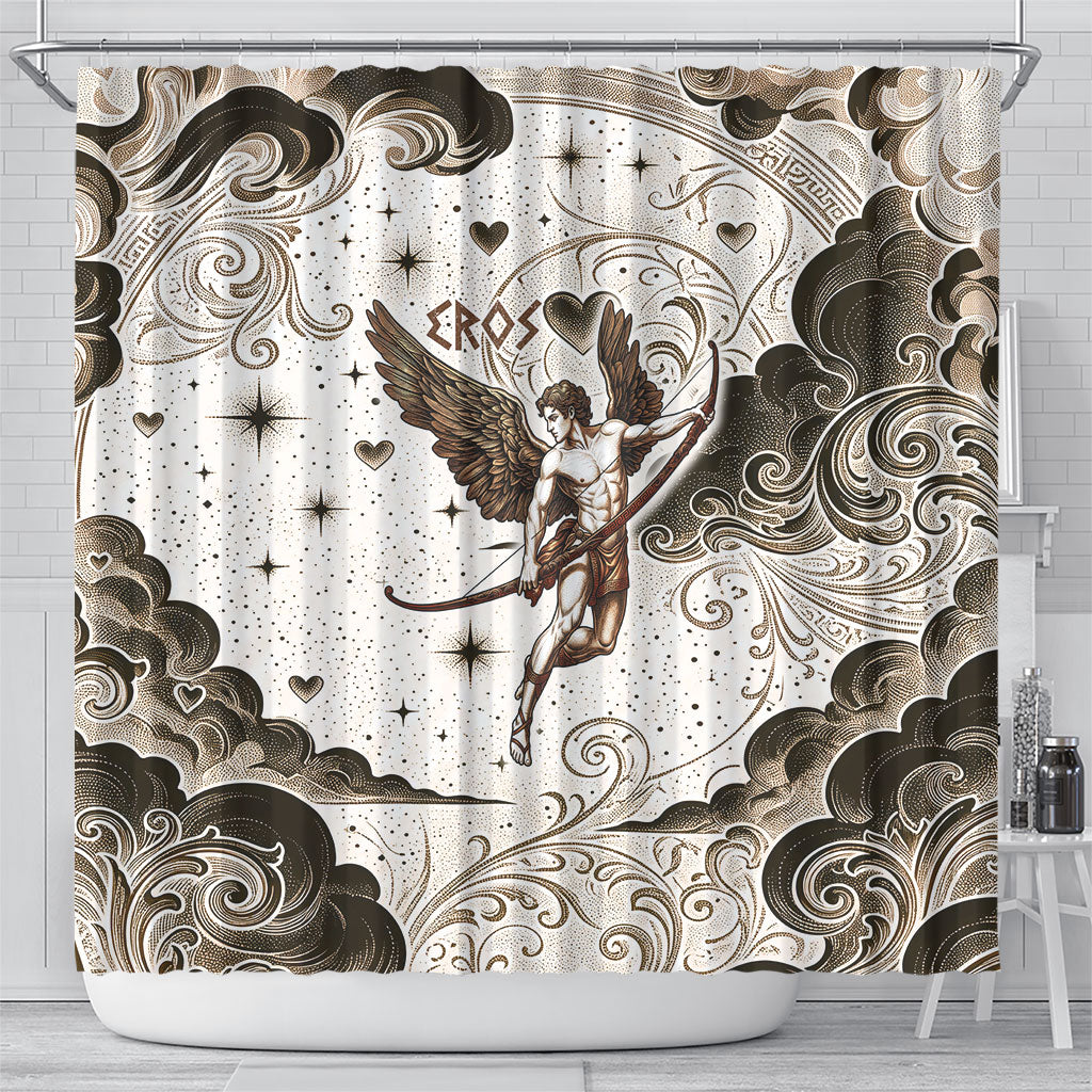 Eros Greek Mythology Cupid God Of Love Shower Curtain Winged Archer Eros Bow Arrow And Celestial Clouds