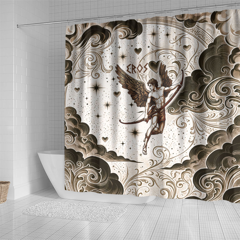 Eros Greek Mythology Cupid God Of Love Shower Curtain Winged Archer Eros Bow Arrow And Celestial Clouds