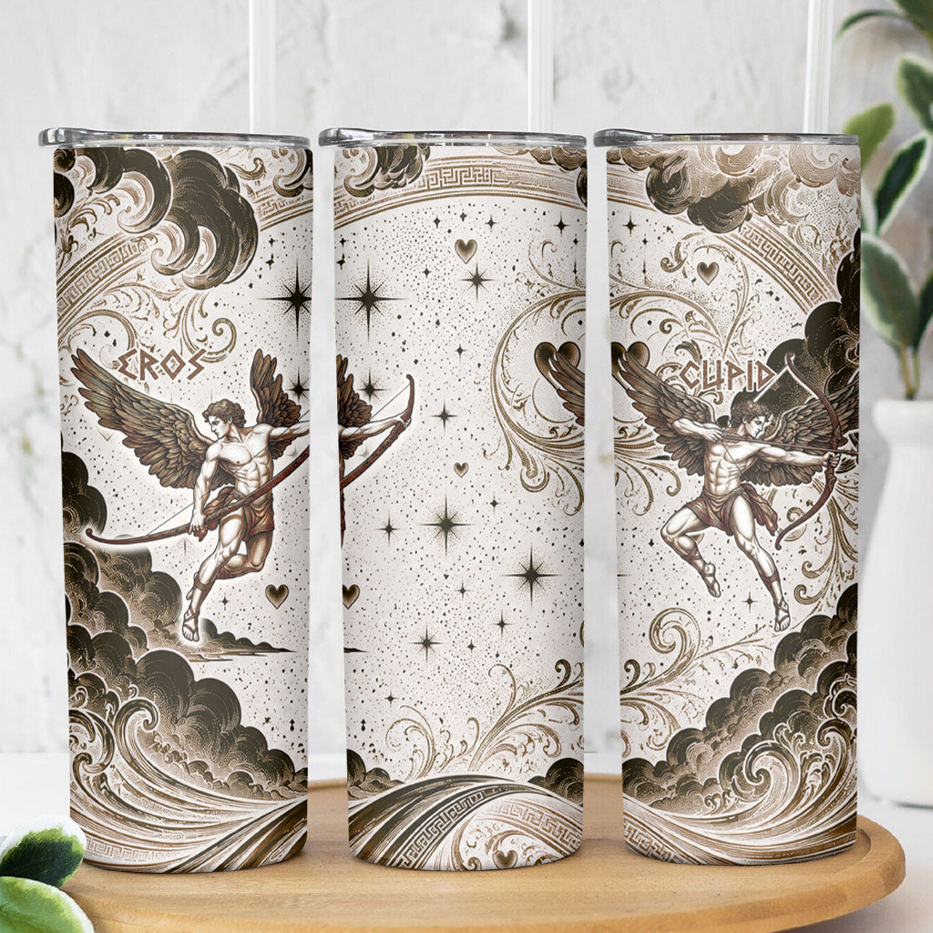 Eros Greek Mythology Cupid God Of Love Skinny Tumbler Winged Archer Eros Bow Arrow And Celestial Clouds