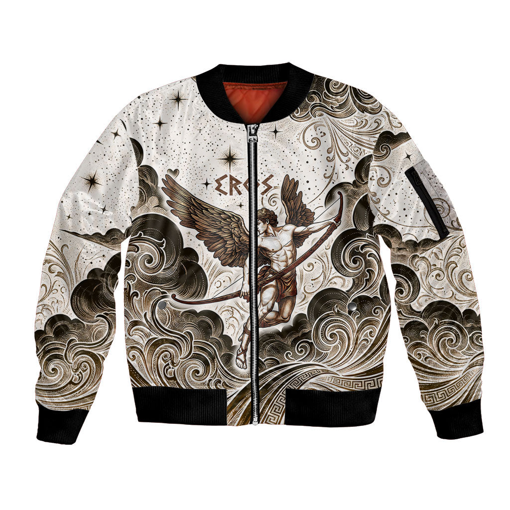 Eros Greek Mythology Cupid God Of Love Sleeve Zip Bomber Jacket Winged Archer Eros Bow Arrow And Celestial Clouds