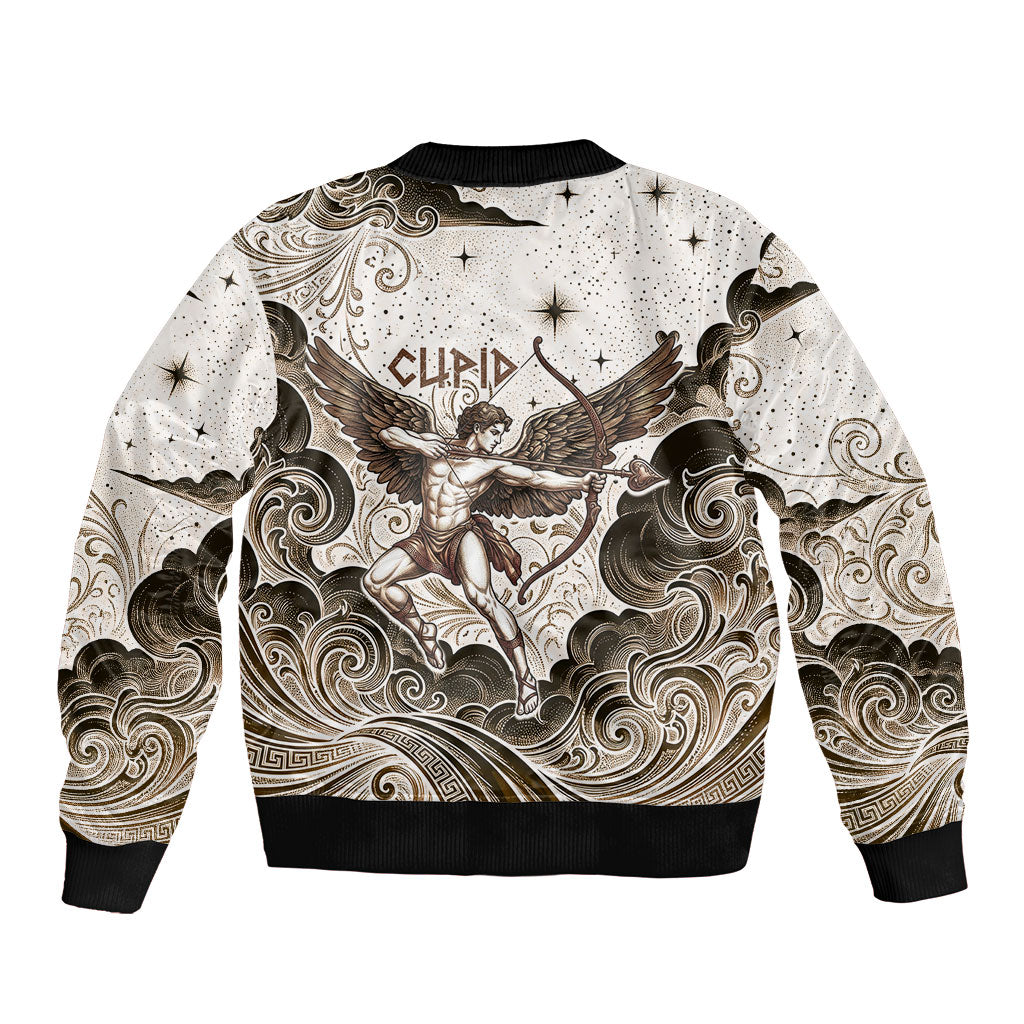 Eros Greek Mythology Cupid God Of Love Sleeve Zip Bomber Jacket Winged Archer Eros Bow Arrow And Celestial Clouds