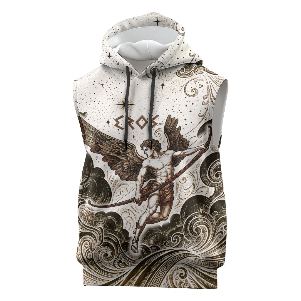 Eros Greek Mythology Cupid God Of Love Sleeveless Hoodie Winged Archer Eros Bow Arrow And Celestial Clouds