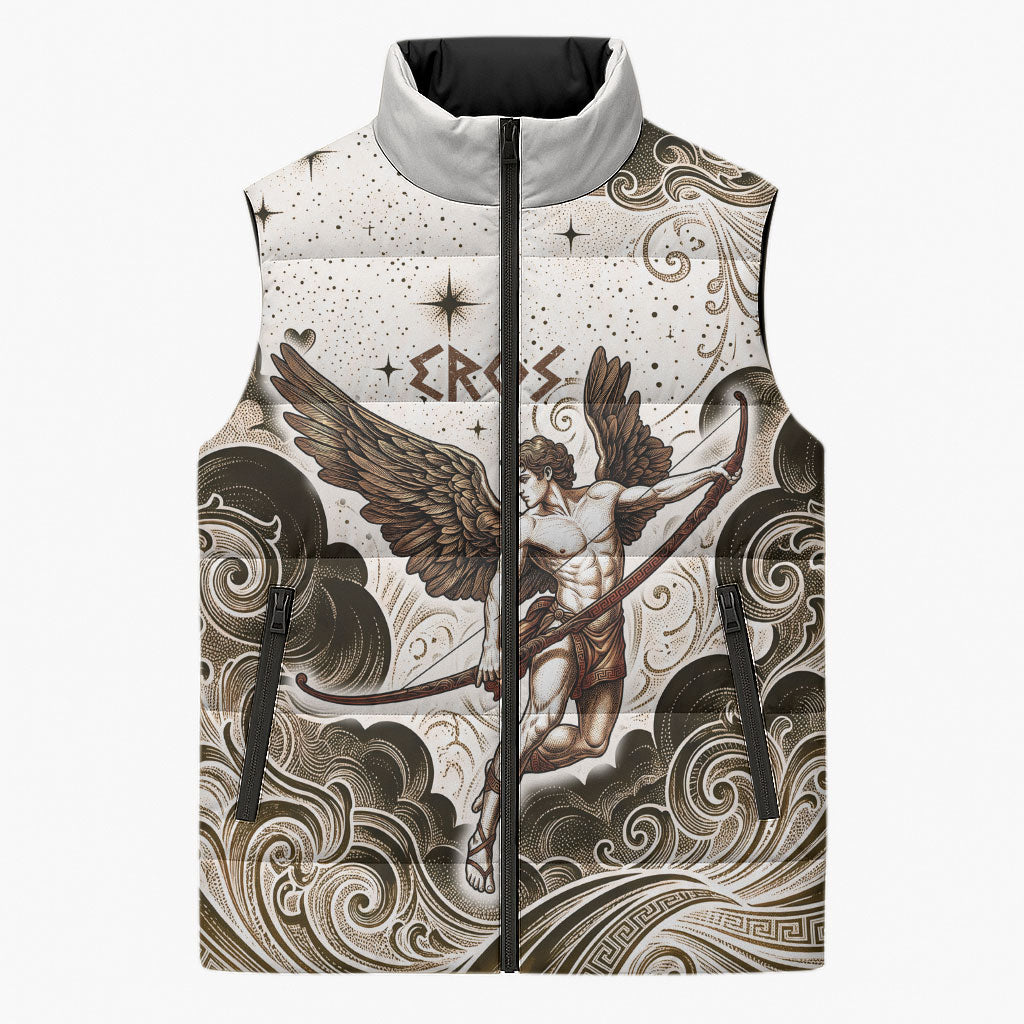 Eros Greek Mythology Cupid God Of Love Sleeveless Puffer Jacket Winged Archer Eros Bow Arrow And Celestial Clouds