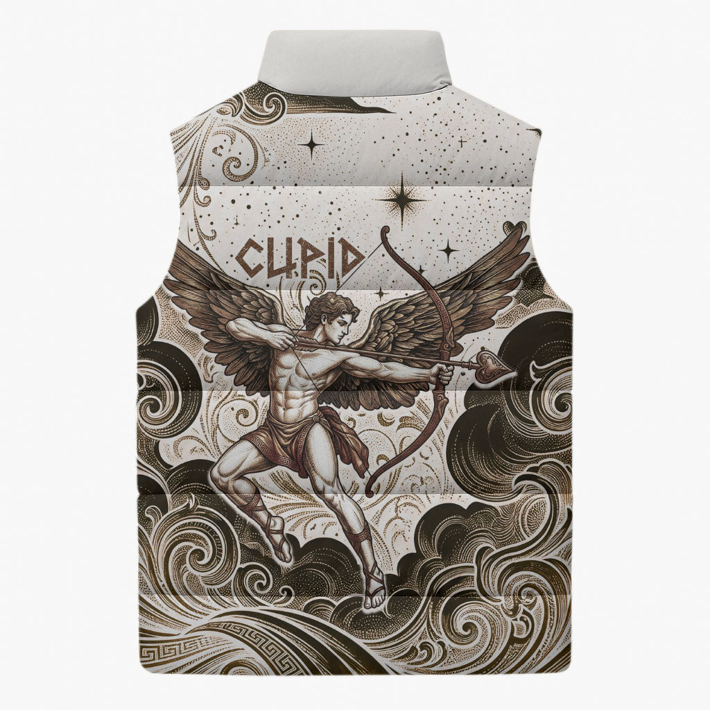 Eros Greek Mythology Cupid God Of Love Sleeveless Puffer Jacket Winged Archer Eros Bow Arrow And Celestial Clouds