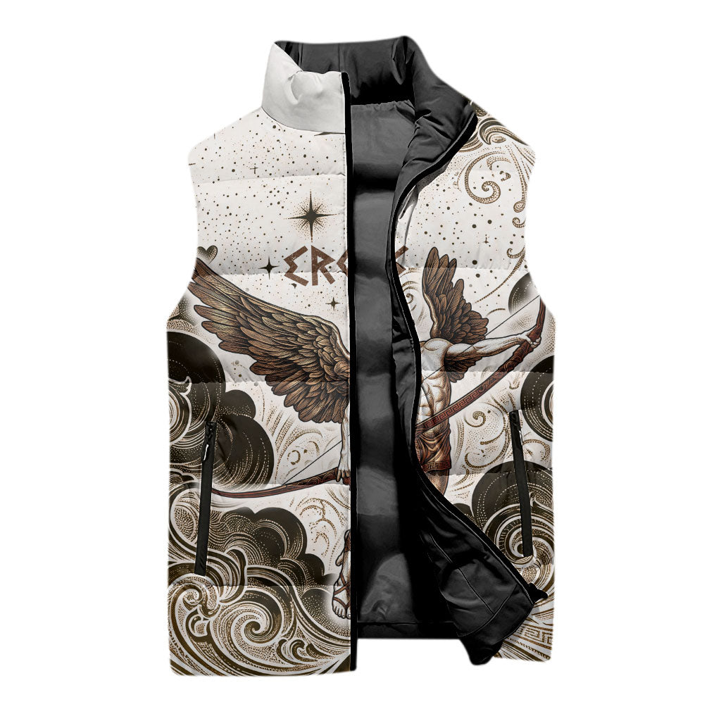 Eros Greek Mythology Cupid God Of Love Sleeveless Puffer Jacket Winged Archer Eros Bow Arrow And Celestial Clouds