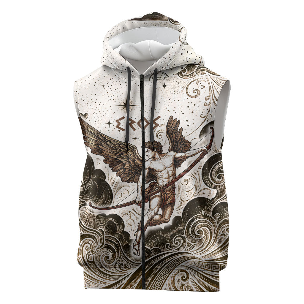 Eros Greek Mythology Cupid God Of Love Sleeveless Zip Hoodie Winged Archer Eros Bow Arrow And Celestial Clouds