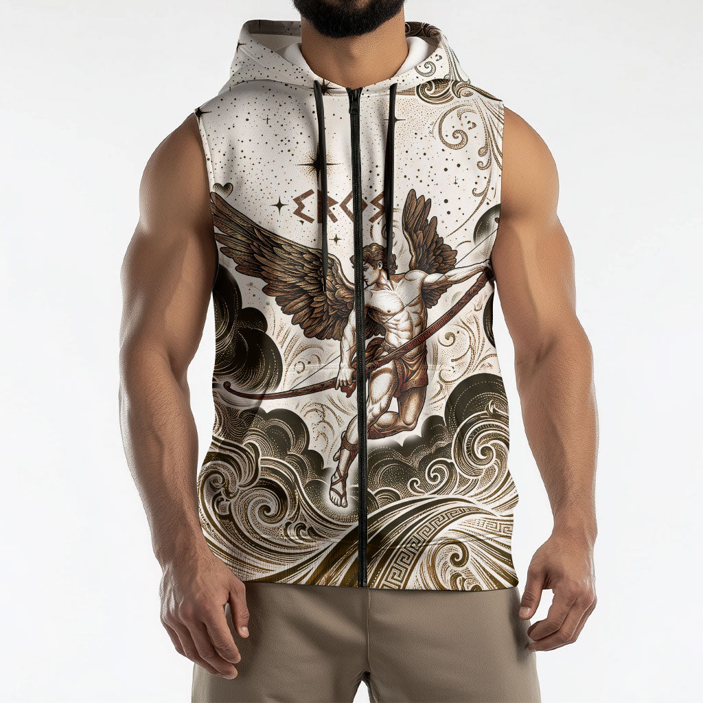 Eros Greek Mythology Cupid God Of Love Sleeveless Zip Hoodie Winged Archer Eros Bow Arrow And Celestial Clouds