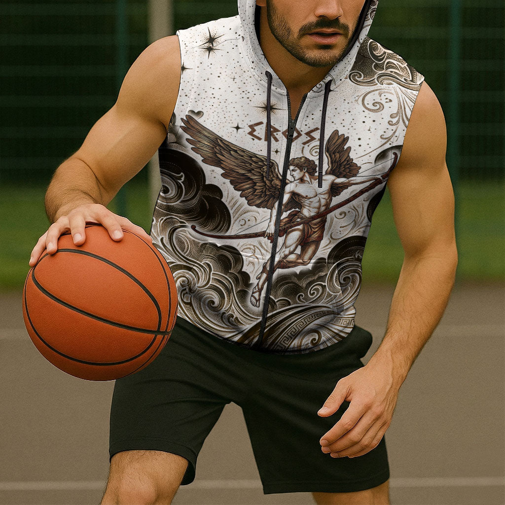 Eros Greek Mythology Cupid God Of Love Sleeveless Zip Hoodie Winged Archer Eros Bow Arrow And Celestial Clouds