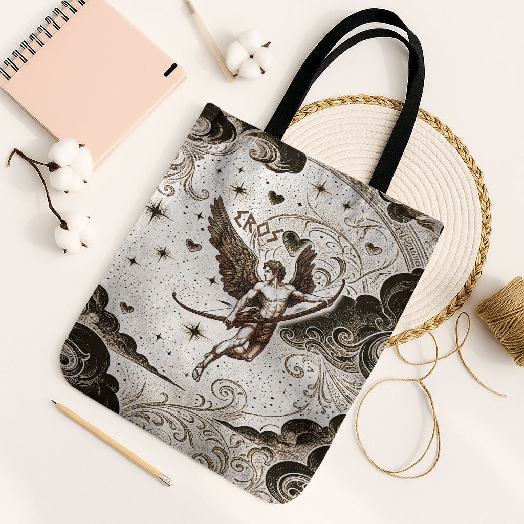 Eros Greek Mythology Cupid God Of Love Tote Bag Winged Archer Eros Bow Arrow And Celestial Clouds