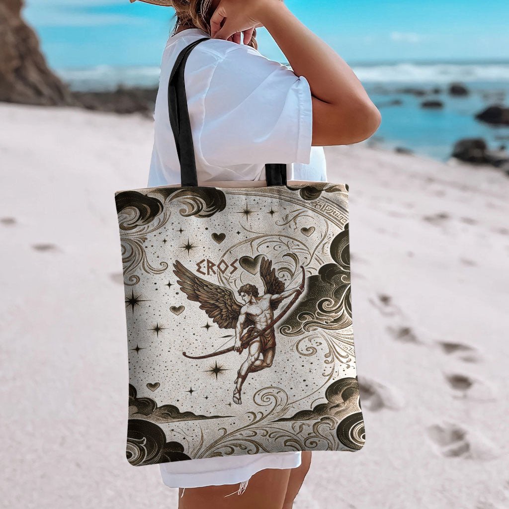 Eros Greek Mythology Cupid God Of Love Tote Bag Winged Archer Eros Bow Arrow And Celestial Clouds