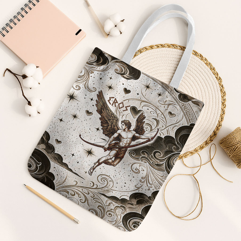 Eros Greek Mythology Cupid God Of Love Tote Bag Winged Archer Eros Bow Arrow And Celestial Clouds