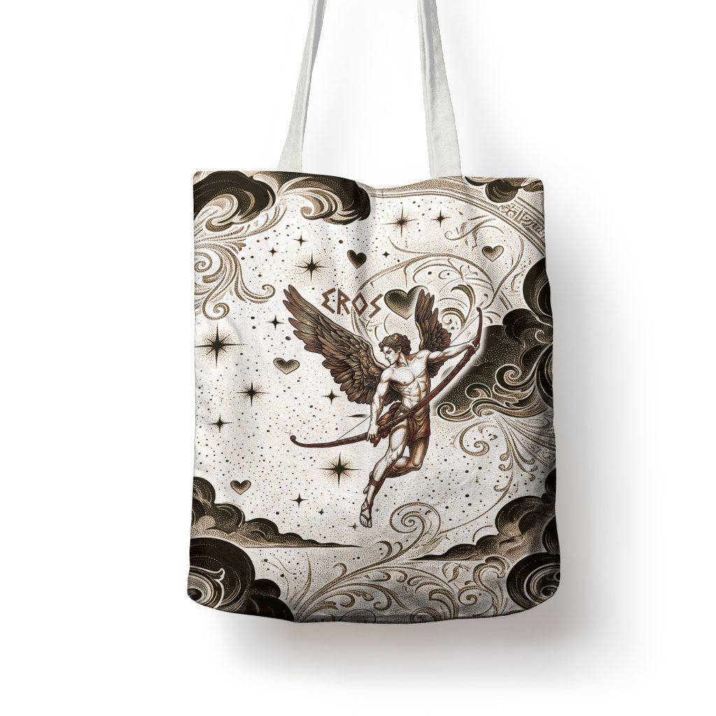 Eros Greek Mythology Cupid God Of Love Tote Bag Winged Archer Eros Bow Arrow And Celestial Clouds