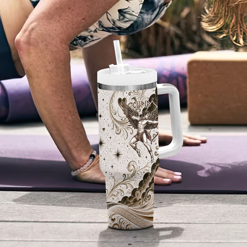 Eros Greek Mythology Cupid God Of Love Tumbler With Handle Winged Archer Eros Bow Arrow And Celestial Clouds