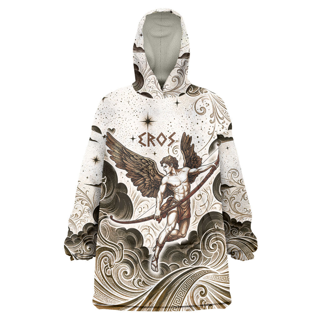 Eros Greek Mythology Cupid God Of Love Wearable Blanket Hoodie Winged Archer Eros Bow Arrow And Celestial Clouds